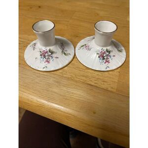 Vintage Royal  Grafton White Floral Porcelain 2”w Candle Holders with Gold Trim